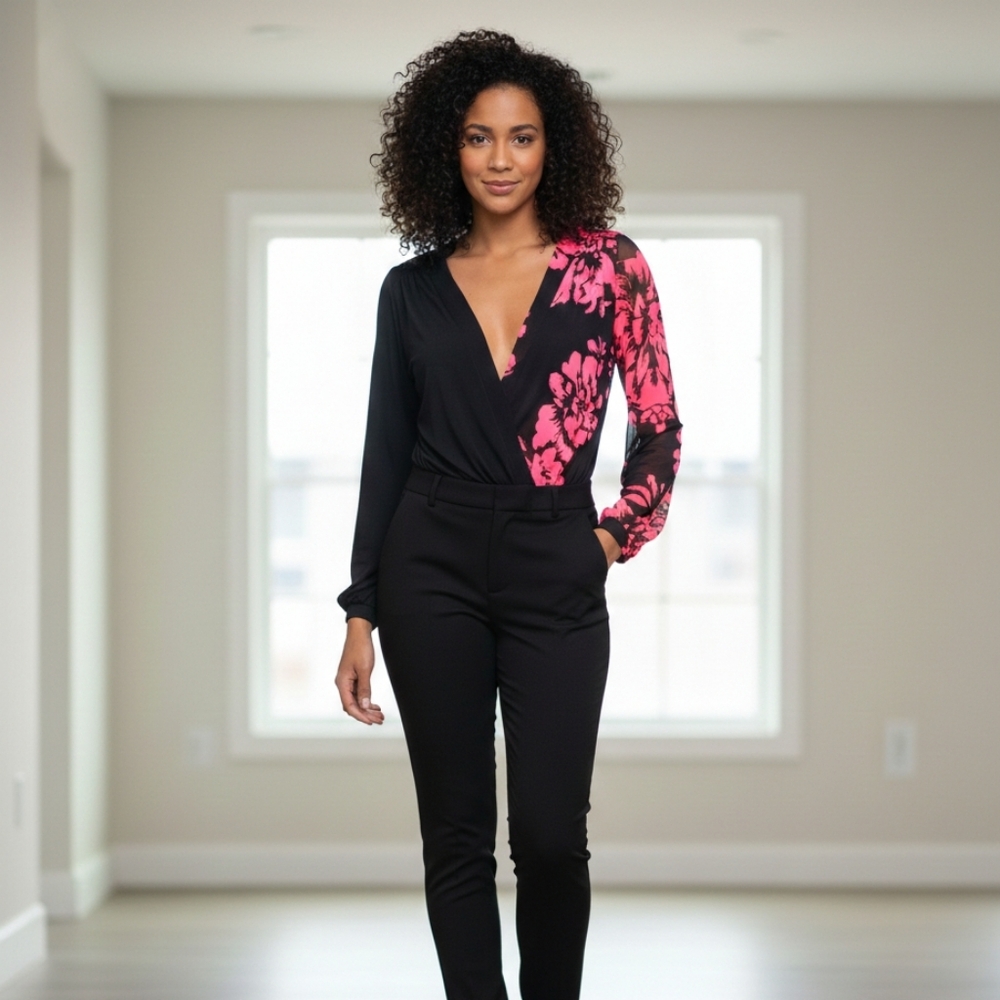 A3 Design Pink & Black Long Sleeved Floral Design Bodysuit Size Small